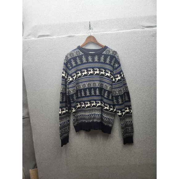 Aspen Mens XL Nordic Reindeer Pattern Knit Sweater Navy & White Cotton Winter - Picture 1 of 5